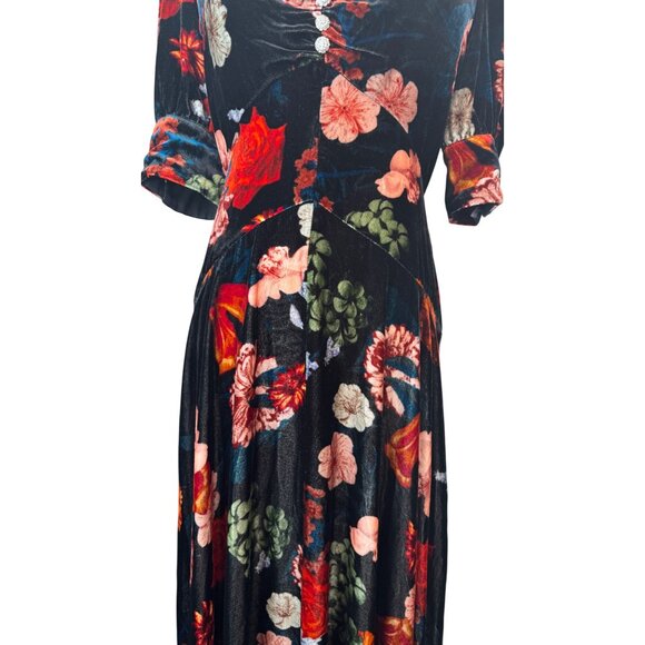 NWT Cara Cara 4 Floral Velvet Midi Dress Rhinestone Buttons V-Neck Puff Sleeves - Picture 5 of 16